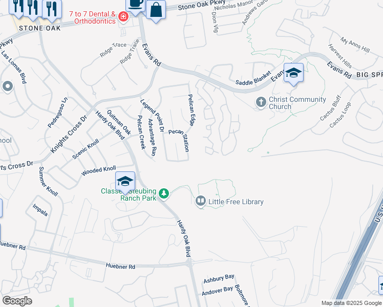 map of restaurants, bars, coffee shops, grocery stores, and more near 1343 Pecan Station in San Antonio