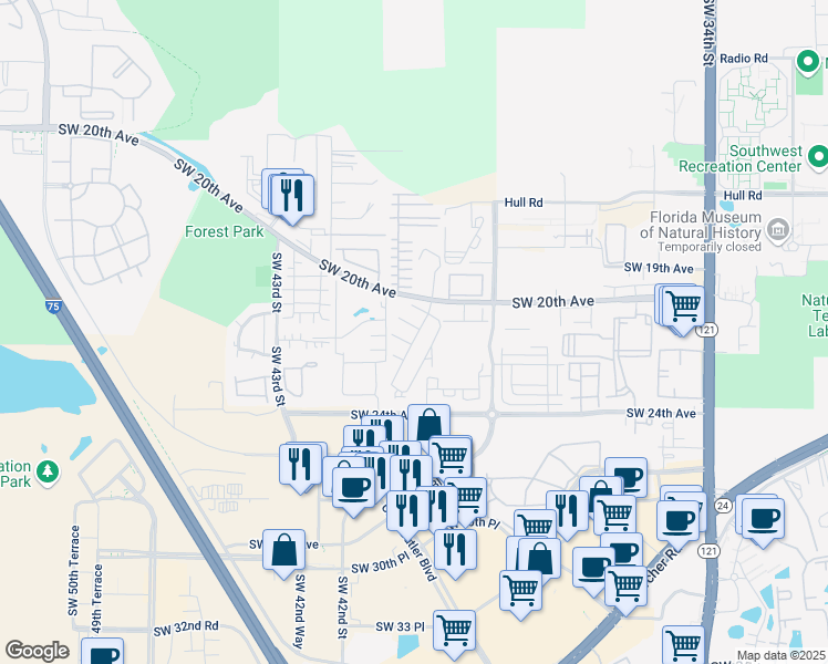 map of restaurants, bars, coffee shops, grocery stores, and more near 4005 Southwest 21st Lane in Gainesville