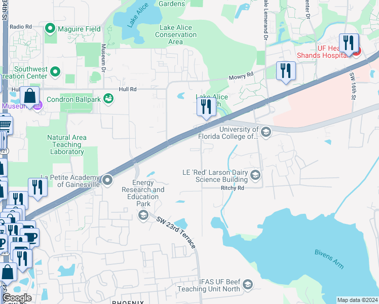 map of restaurants, bars, coffee shops, grocery stores, and more near 2337 Southwest Archer Road in Gainesville