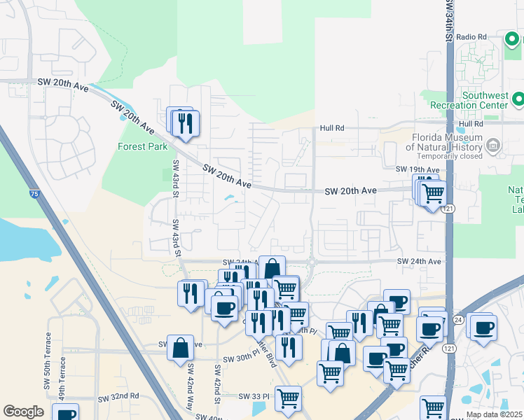 map of restaurants, bars, coffee shops, grocery stores, and more near 4005 Southwest 21st Lane in Gainesville