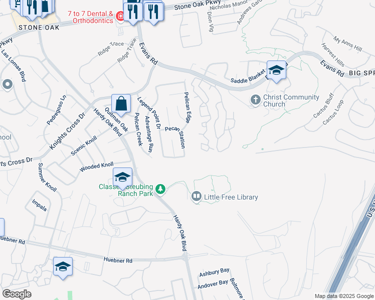 map of restaurants, bars, coffee shops, grocery stores, and more near 1343 Pecan Station in San Antonio