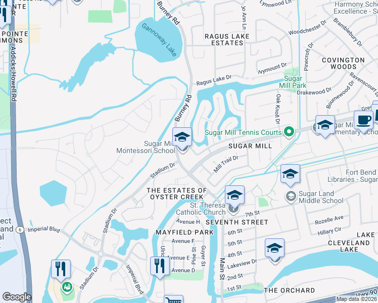 map of restaurants, bars, coffee shops, grocery stores, and more near 1110 Burney Road in Sugar Land