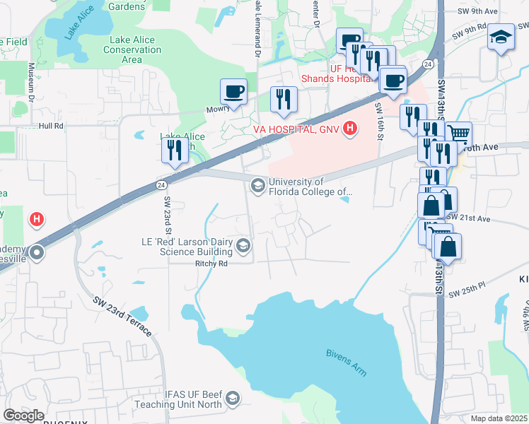 map of restaurants, bars, coffee shops, grocery stores, and more near 2015 Southwest 16th Avenue in Gainesville