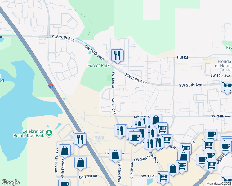 map of restaurants, bars, coffee shops, grocery stores, and more near 4404 Southwest 43rd Street in Gainesville