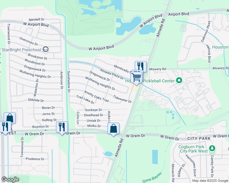 map of restaurants, bars, coffee shops, grocery stores, and more near 2710 Tidewater Drive in Houston