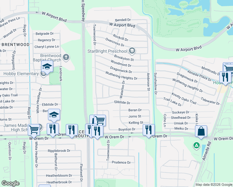 map of restaurants, bars, coffee shops, grocery stores, and more near 3315 Trail Lake Drive in Houston