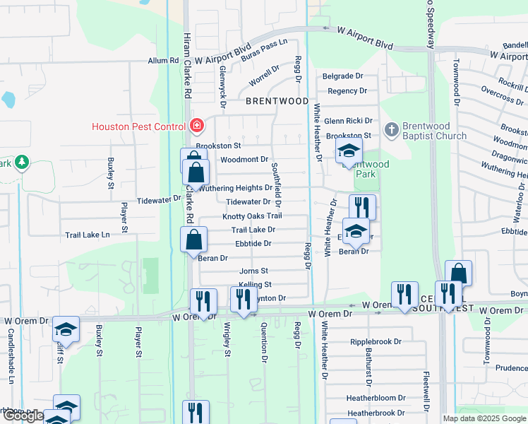 map of restaurants, bars, coffee shops, grocery stores, and more near 4222 Trail Lake Drive in Houston