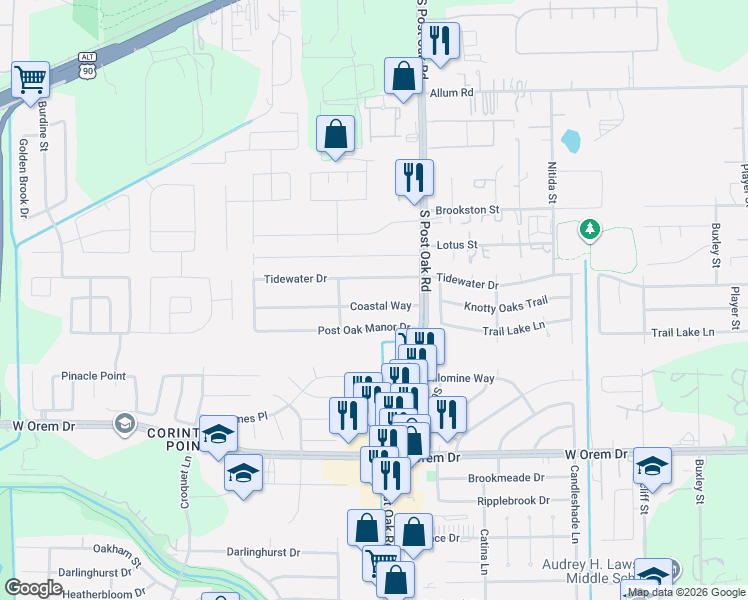 map of restaurants, bars, coffee shops, grocery stores, and more near 5527 Coastal Way in Houston