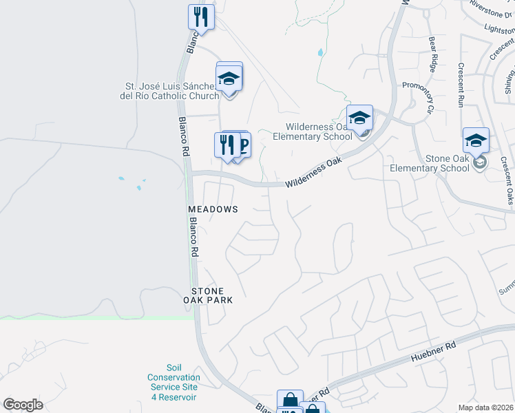 map of restaurants, bars, coffee shops, grocery stores, and more near 1311 Cadley Court in San Antonio