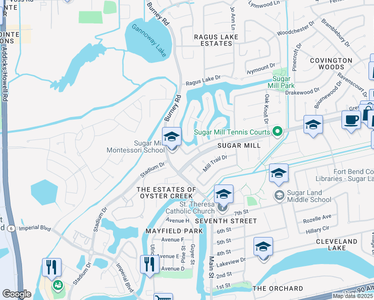 map of restaurants, bars, coffee shops, grocery stores, and more near 14215 Lake Trail Drive in Sugar Land