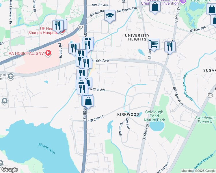 map of restaurants, bars, coffee shops, grocery stores, and more near 1101 Southwest 20 Place in Gainesville