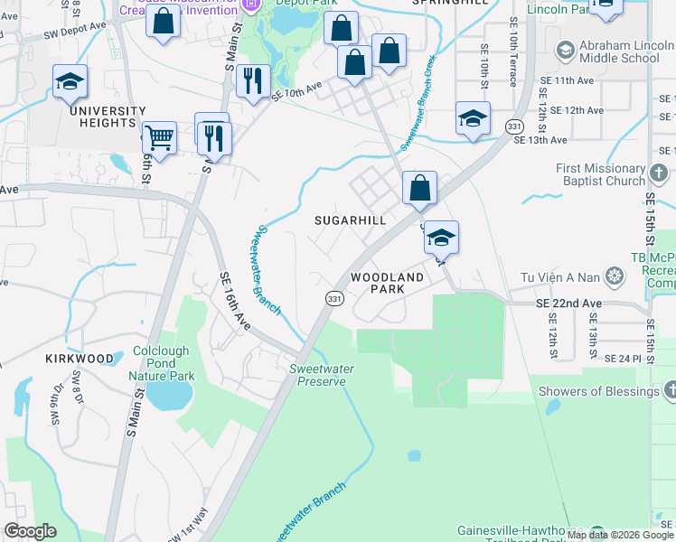 map of restaurants, bars, coffee shops, grocery stores, and more near 120 Southeast Williston Road in Gainesville