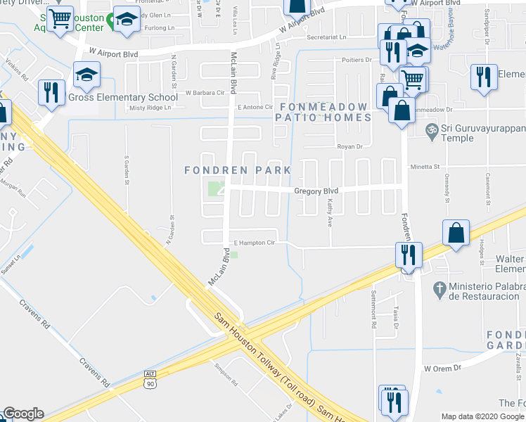 map of restaurants, bars, coffee shops, grocery stores, and more near 11826 South Willowdale Circle in Houston