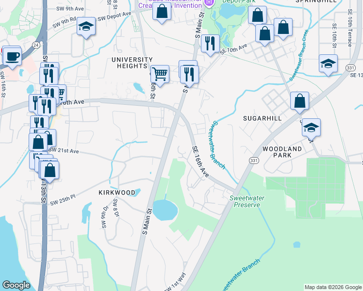 map of restaurants, bars, coffee shops, grocery stores, and more near 83 Southeast 16th Avenue in Gainesville