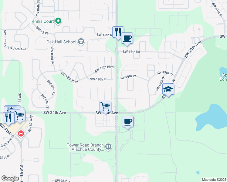 map of restaurants, bars, coffee shops, grocery stores, and more near 2114 Southwest 75th Terrace in Gainesville