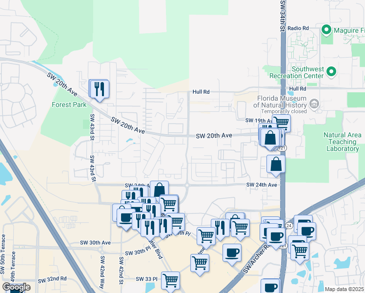 map of restaurants, bars, coffee shops, grocery stores, and more near 3901 Southwest 20th Avenue in Gainesville