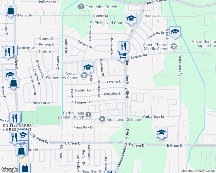 map of restaurants, bars, coffee shops, grocery stores, and more near 5339 Bungalow Lane in Houston