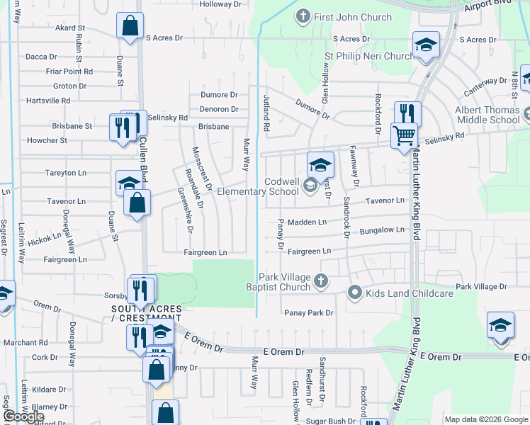 map of restaurants, bars, coffee shops, grocery stores, and more near 11807 Murr Way in Houston