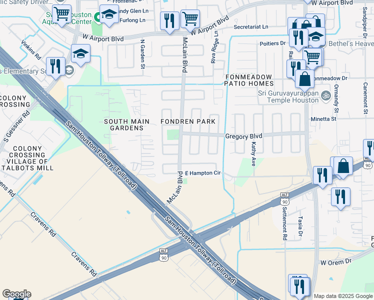 map of restaurants, bars, coffee shops, grocery stores, and more near 15342 East Hutchinson Circle in Houston