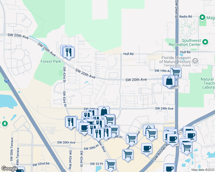 map of restaurants, bars, coffee shops, grocery stores, and more near 2117 Southwest 39 Drive in Gainesville