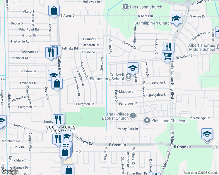 map of restaurants, bars, coffee shops, grocery stores, and more near 11807 Murr Way in Houston