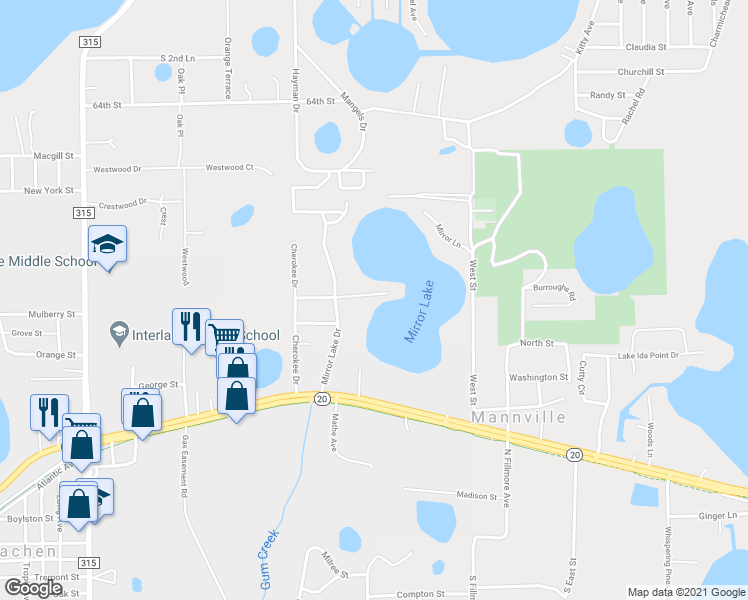 map of restaurants, bars, coffee shops, grocery stores, and more near 205 Peninsula Road in Interlachen
