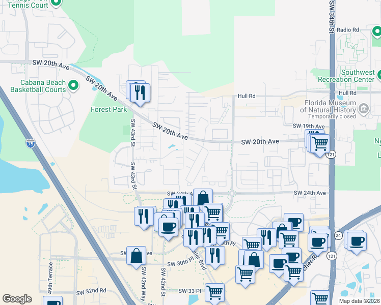 map of restaurants, bars, coffee shops, grocery stores, and more near 4005 Southwest 21st Lane in Gainesville