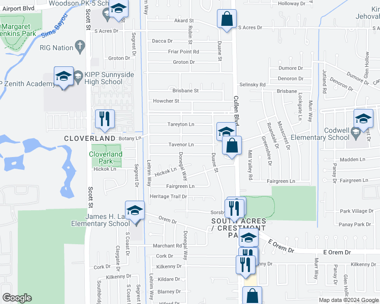 map of restaurants, bars, coffee shops, grocery stores, and more near 4315 Madden Lane in Houston