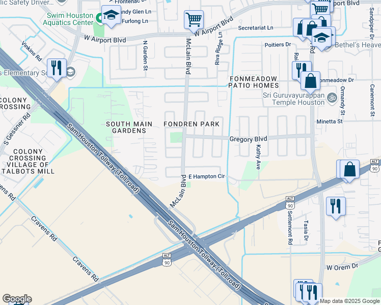 map of restaurants, bars, coffee shops, grocery stores, and more near 15342 East Hutchinson Circle in Houston