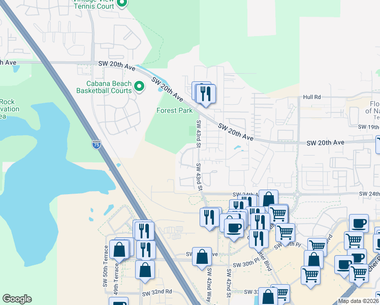 map of restaurants, bars, coffee shops, grocery stores, and more near 4303 Southwest 20th Avenue in Gainesville