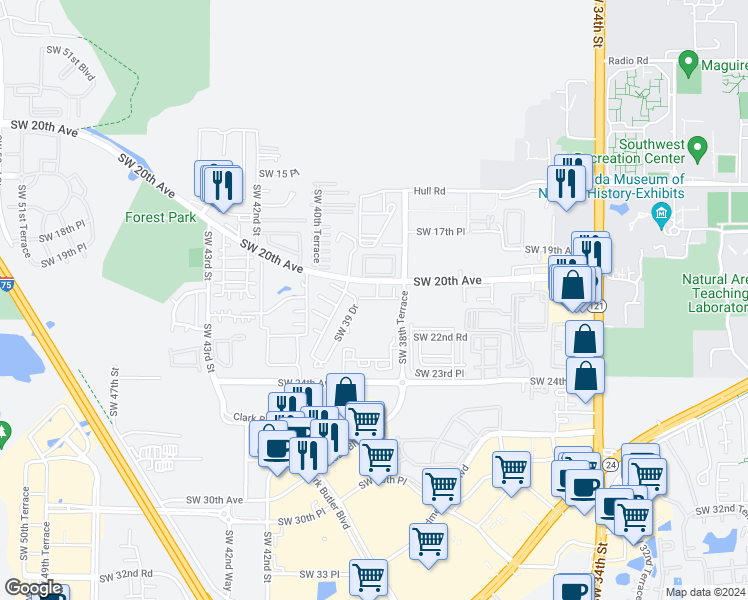 map of restaurants, bars, coffee shops, grocery stores, and more near 3901 Southwest 20th Avenue in Gainesville
