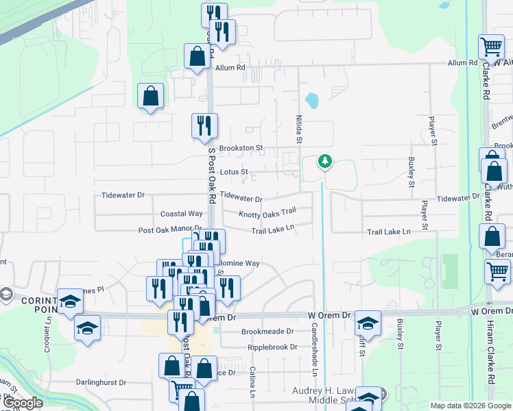map of restaurants, bars, coffee shops, grocery stores, and more near 13207 Santa Teresa Road in Houston