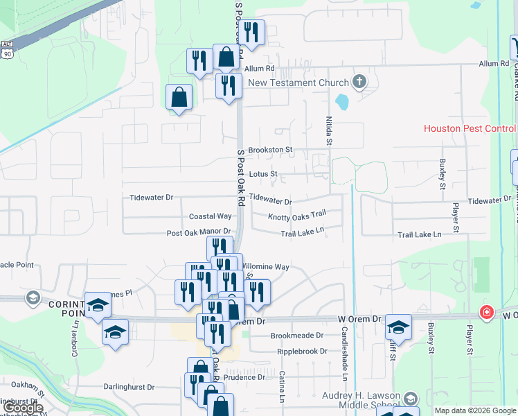 map of restaurants, bars, coffee shops, grocery stores, and more near 5346 Tidewater Drive in Houston