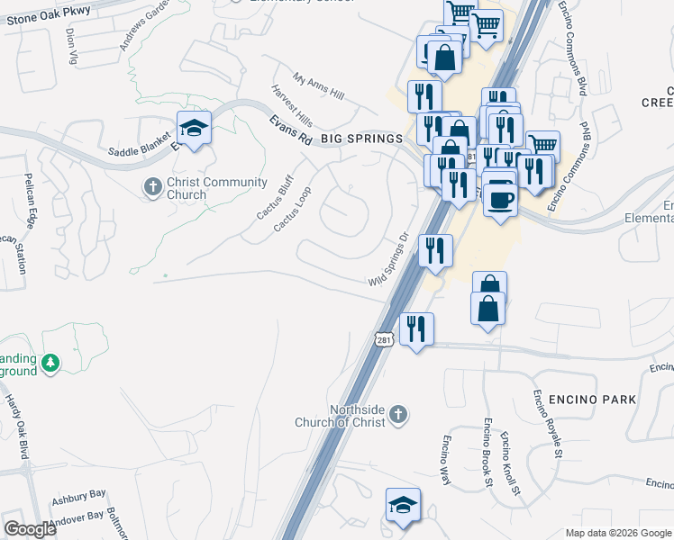 map of restaurants, bars, coffee shops, grocery stores, and more near 20557 Wind Springs in San Antonio