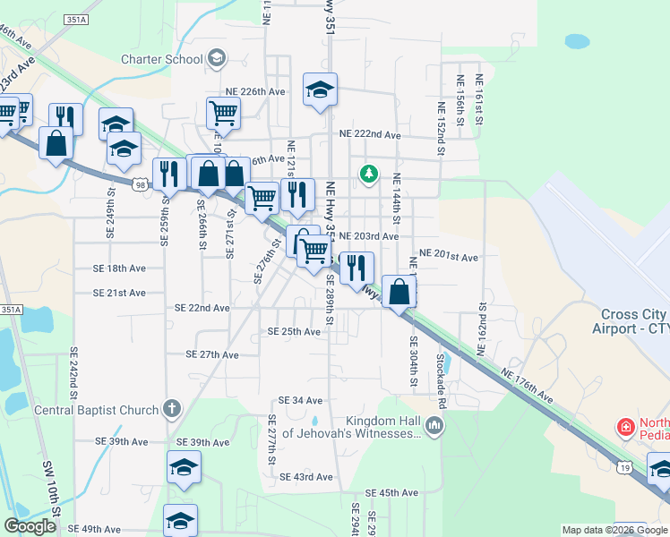 map of restaurants, bars, coffee shops, grocery stores, and more near US Highway 98 in Cross City