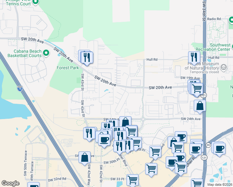 map of restaurants, bars, coffee shops, grocery stores, and more near 4035 Southwest 20th Avenue in Gainesville