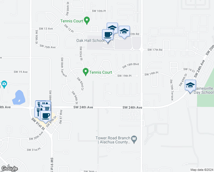 map of restaurants, bars, coffee shops, grocery stores, and more near 2101 Southwest 79th Drive in Gainesville