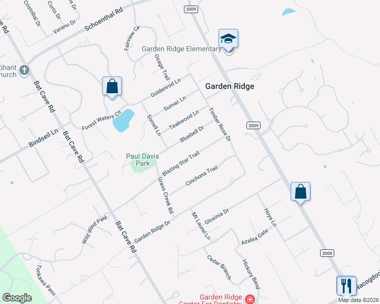 map of restaurants, bars, coffee shops, grocery stores, and more near 9340 Bluebell Drive in Garden Ridge