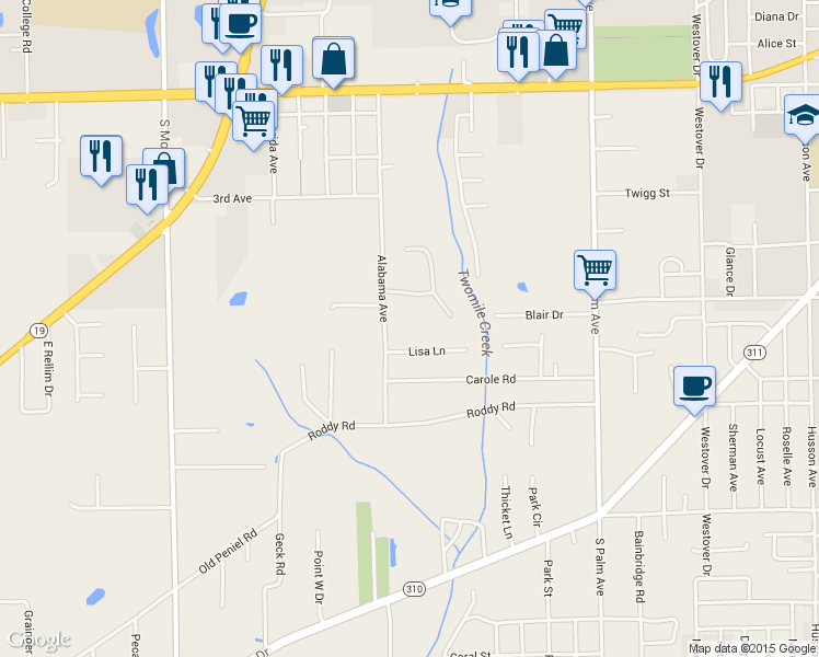 map of restaurants, bars, coffee shops, grocery stores, and more near 114 Lisa Lane in Palatka