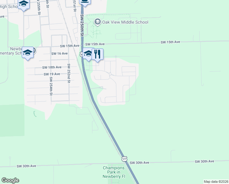 map of restaurants, bars, coffee shops, grocery stores, and more near 2071 Southwest 246th Drive in Newberry