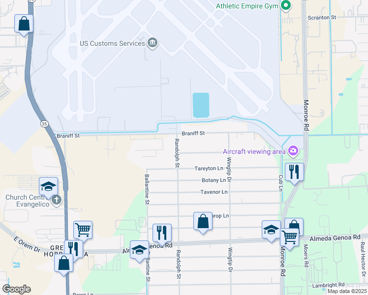 map of restaurants, bars, coffee shops, grocery stores, and more near 8102 Braniff Street in Houston