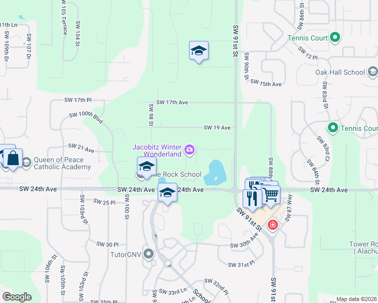 map of restaurants, bars, coffee shops, grocery stores, and more near 9424 Southwest 21 Avenue in Gainesville