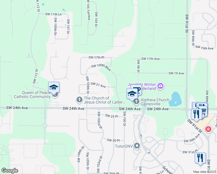 map of restaurants, bars, coffee shops, grocery stores, and more near 10306 Southwest 21 Avenue in Gainesville