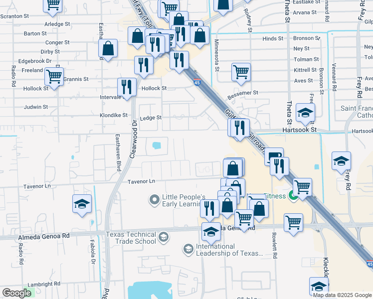 map of restaurants, bars, coffee shops, grocery stores, and more near 9415 Freemont Fair Court in Houston