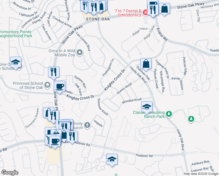 map of restaurants, bars, coffee shops, grocery stores, and more near 1226 Knights Cross Drive in San Antonio