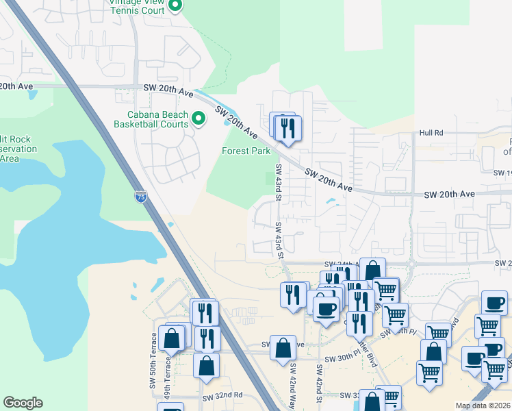 map of restaurants, bars, coffee shops, grocery stores, and more near 4303 Southwest 20th Avenue in Gainesville