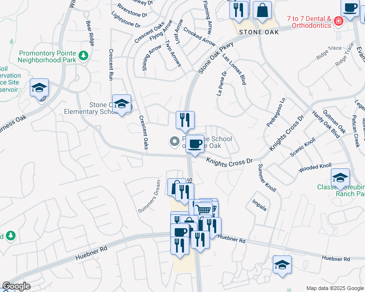 map of restaurants, bars, coffee shops, grocery stores, and more near 19323 Stone Oak Parkway in San Antonio