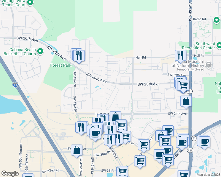 map of restaurants, bars, coffee shops, grocery stores, and more near 4020 Southwest 21st Road in Gainesville
