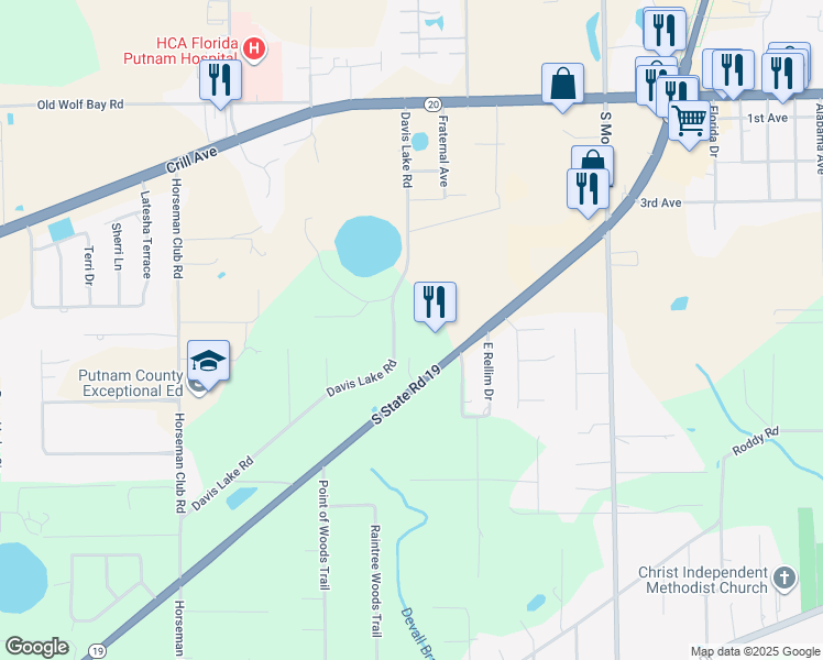 map of restaurants, bars, coffee shops, grocery stores, and more near 200 Davis Lake Road in Palatka