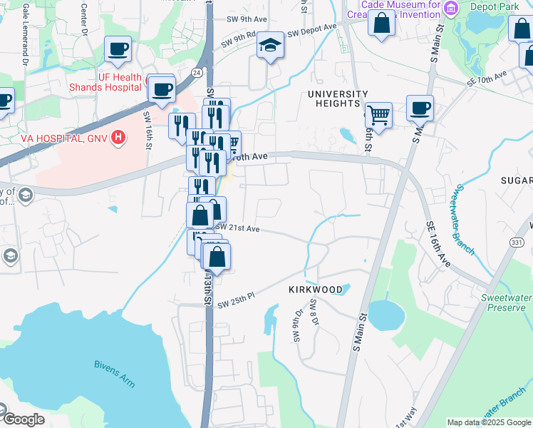 map of restaurants, bars, coffee shops, grocery stores, and more near 1940 Southwest 11th Terrace in Gainesville
